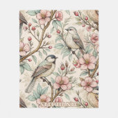 スモモ 鳥類学の歌鳥 黒インクの花柄 フリースブランケット (正面)