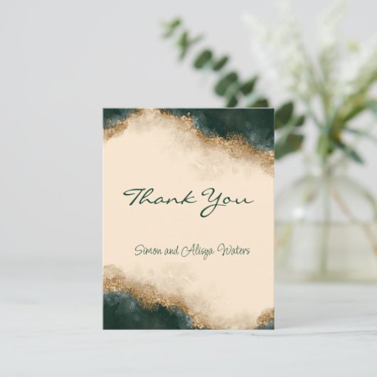 スモーキーグリーンゴールドウォーターカラーパーソナライズド サンキューカード (スタンド正面)