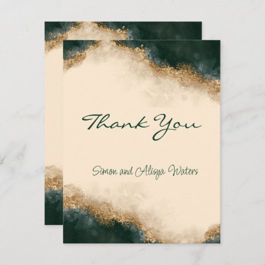 スモーキーグリーンゴールドウォーターカラーパーソナライズド サンキューカード (正面/裏面)