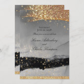 スモーキーグレイきらめく&ブラックモダン金ゴールド結婚ズ 招待状 (正面/裏面)