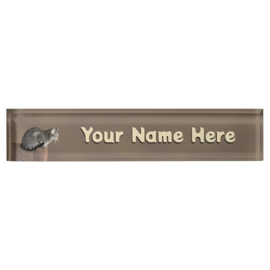 スモーキーグレイのタビー猫 デスクネームプレート (正面)