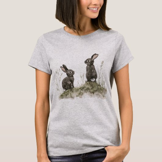 スモーキーグレーうさぎ2匹 Tシャツ (正面)