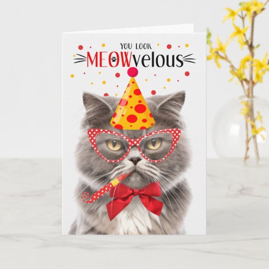 スモーキーグレーペルシャ猫ミオウ誕生日 カード (黄色い花)