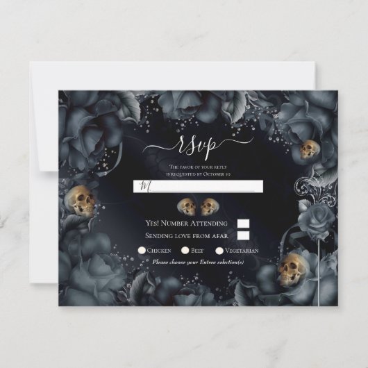 スモーキーグレー ブルー薔薇とドクロの結婚式 RSVP 招待状 (正面)