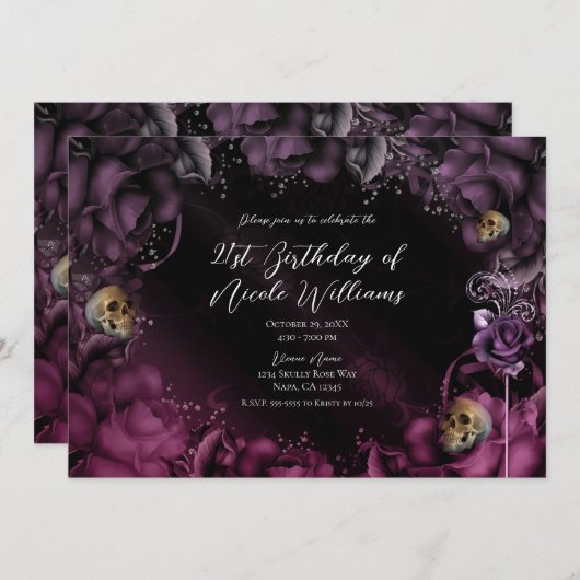 スモーキーパープルピンクローズ&スカルバースデーパーティー 招待状 (正面/裏面)