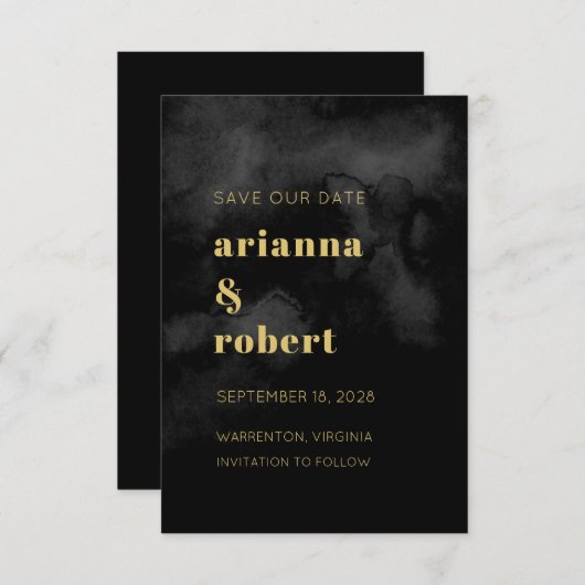 スモーキーブラックウォーター色のキャンバモダンス金ゴールド結婚 セーブザデート (正面/裏面)
