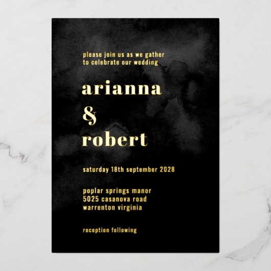 スモーキーブラックウォーター色キャンバスモダン金ゴールド 箔招待状 (正面)