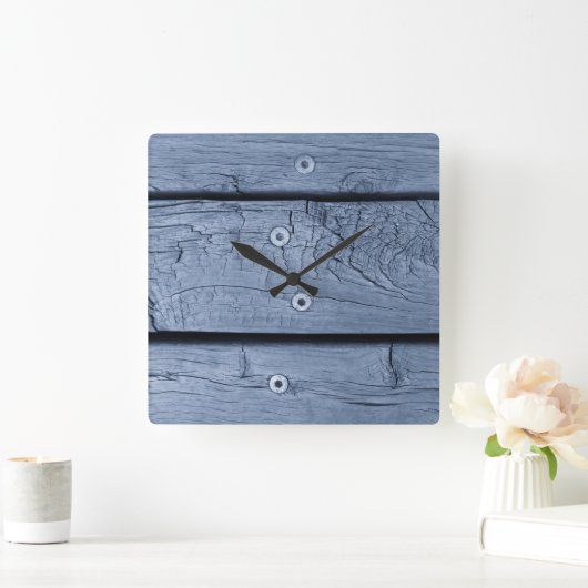 スモーキーブルーの木の板 スクエア壁時計 (ホーム)