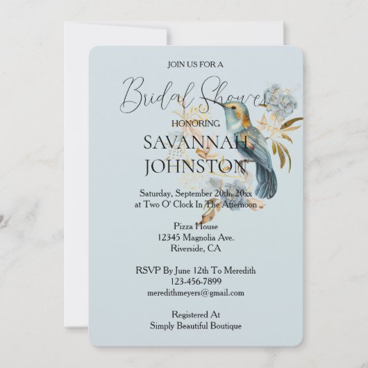 スモーキーブルーハミングバードアジサイブライダルシャワー 招待状 (正面)