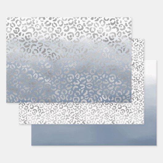 スモーキーブルーホワイトグラデーションシルバーグラムレパードプリント ラッピングペーパーシート (セット)
