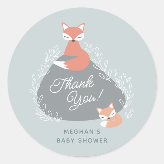 スモーキーブルーボーホウッドランドキツネベビーシャワー ラウンドシール (正面)
