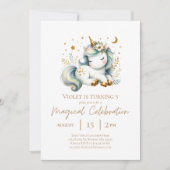 スモーキーブルー夢想可愛いユニコーン誕生日 招待状 (正面)