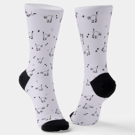 スモーキーラベンダー 猫 ラインアート パターン ソックス (傾斜あり)