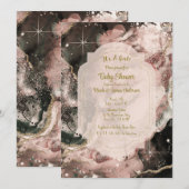 スモーキー ピンク ギャラクシー ウォーターカラー ゴールド セレスチャル ベイビー 招待状 (正面/裏面)