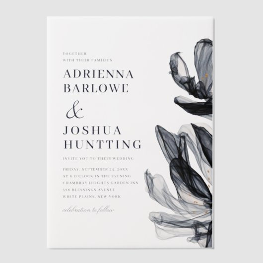 スモークエレガントフラワーズサイド文字ネイビー結婚ズ ベラム紙招待状 (正面)