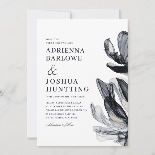 スモークエレガントフラワーズサイド文字ネイビー結婚ズ 招待状 (正面)