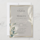 スモークティール(緑がかった色)アンスリウムと羽のようなパンパスグラス 招待状 (正面)