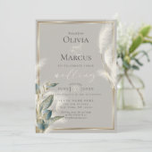 スモークティール(緑がかった色)アンスリウムと羽のようなパンパスグラス 招待状 (スタンド正面)