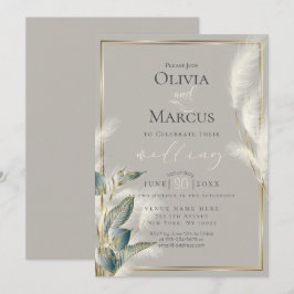スモークティール（緑がかった色）アンスリウムと羽のようなパンパスグラス 招待状