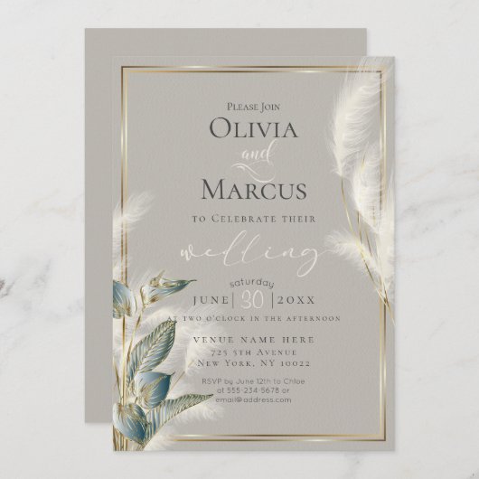 スモークティール(緑がかった色)アンスリウムと羽のようなパンパスグラス 招待状 (正面/裏面)