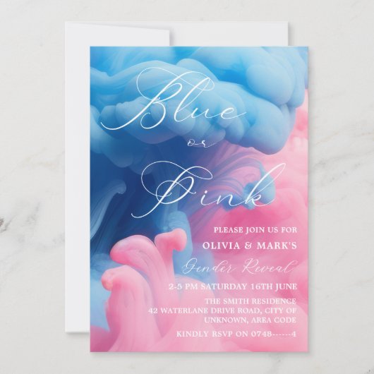 スモークブルーとピンクのベビージェンダーがパーティーを明らかにする 招待状 (正面)