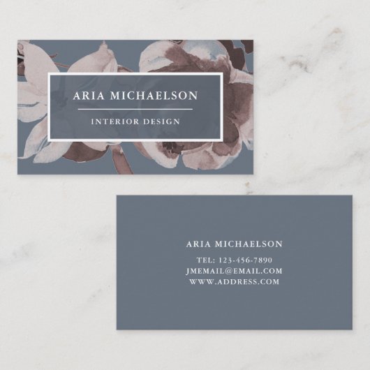 スモークブルーと埃っぽいバラフローラとホワイト文字 名刺 (正面/裏面)
