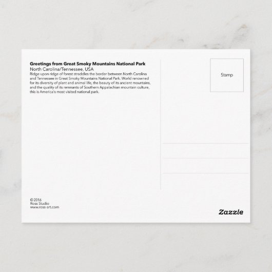 スモーク山素晴らしの国立公園からの挨拶 ポストカード (裏面)