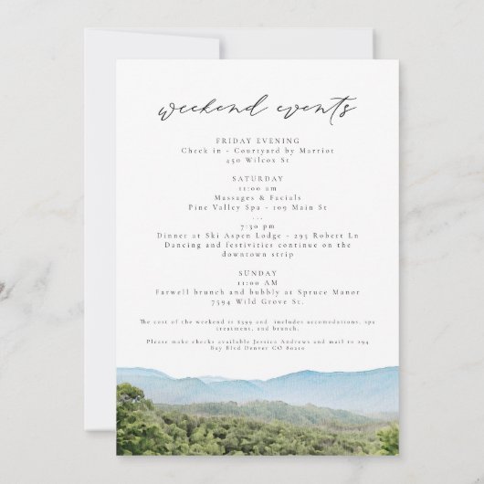 スモーク素晴らしの山々の結婚歓迎の旅程 招待状 (裏面)
