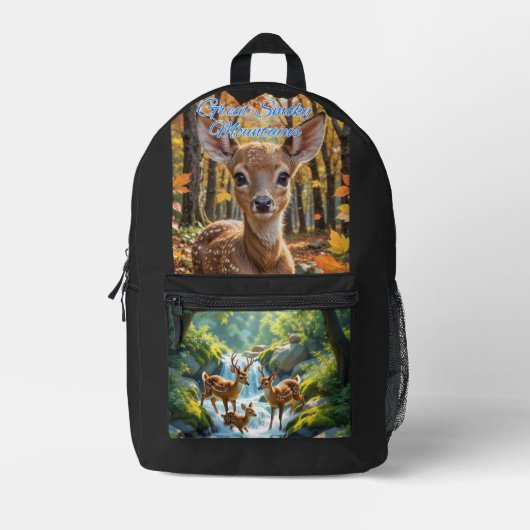 スモーク素晴らしマウンテンズディアファウン プリントバックパック (正面)