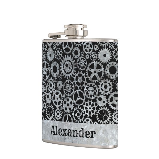 スモールスチームパンクシルバー亜鉛ギア名前をカスタムする フラスク (左)