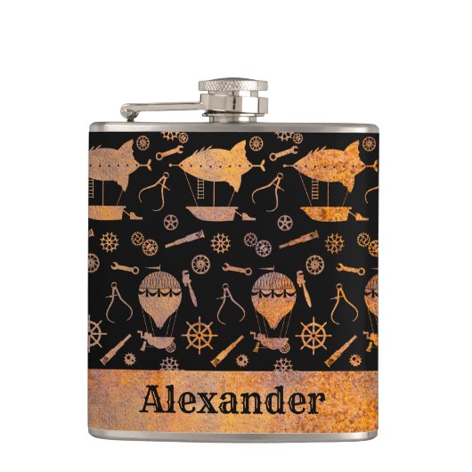 スモールスチームパンクラスティ飛行船テーマ名前をカスタムする フラスク (正面)