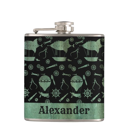 スモールスチームパンクヴェルディグリスエアシップテーマカスタム フラスク (正面)