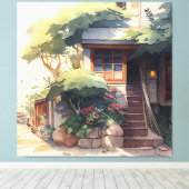 スモールハウスガーデンウォーターカラー キャンバスプリント (インサイチュ (ウッドフロア))