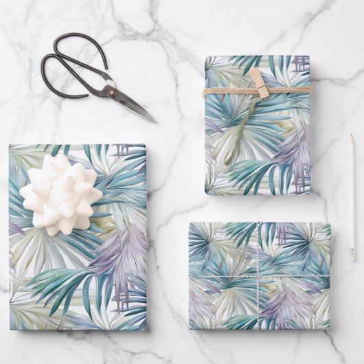 スモールプリントパステルパームリーフパターン（の模様が）ある ラッピングペーパーシート (正面)