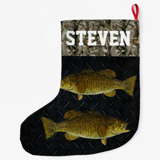 スモールマウスバス魚釣り迷彩柄名メンズ ラージクリスマスストッキング (裏面)