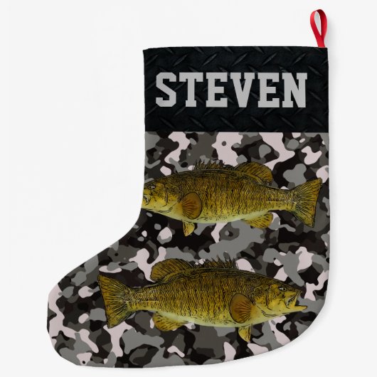 スモールマウスベース魚釣り迷彩柄ネームメンズ ラージクリスマスストッキング (裏面)