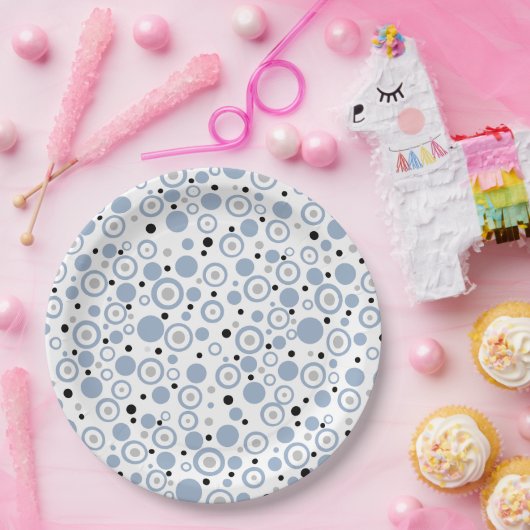 スモール石板ブルーシルバーブラック水玉模様 ペーパープレート (パーティー)