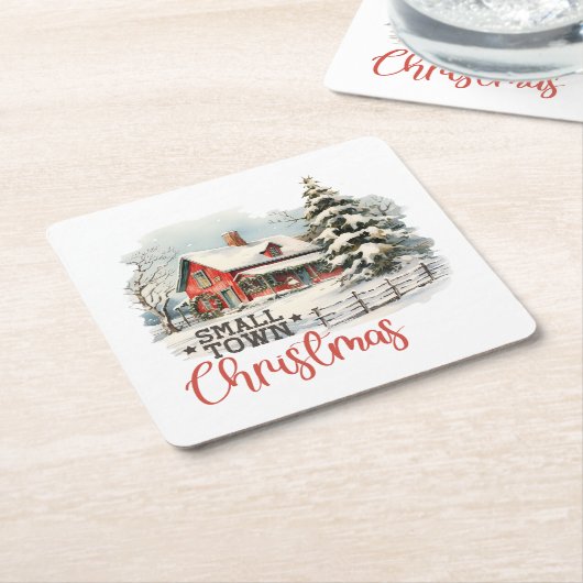スモール素朴タウンクリスマス スクエアペーパーコースター (アングル)