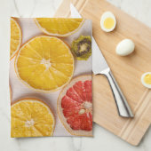 スライスされたオレンジのグレープフルーツとキウイパターンフルーツ キッチンタオル (四つ折り)
