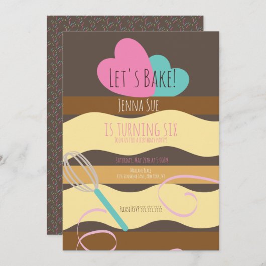 スライスしたケーキ飾の誕生日ピンクの散水器 招待状 (正面/裏面)