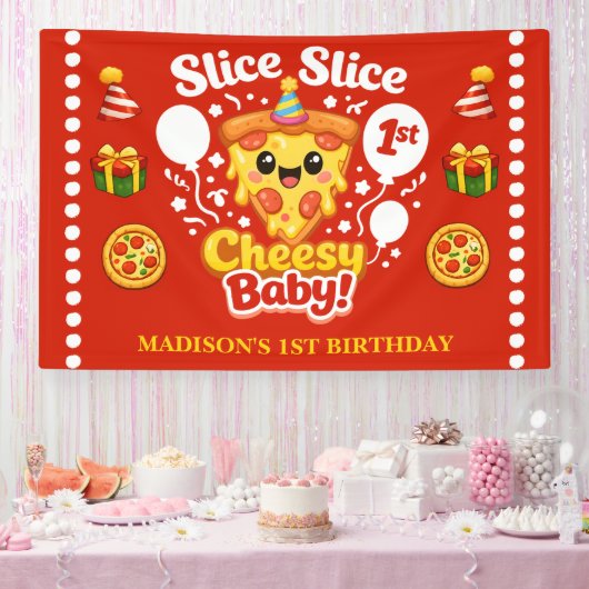 スライススライスベイビーピザ1歳の誕生日横長 横断幕 (パーティー)