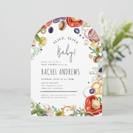 スライススライスベビートレンディーピザパーティーベビーシャワー 招待状 (スタンド正面)