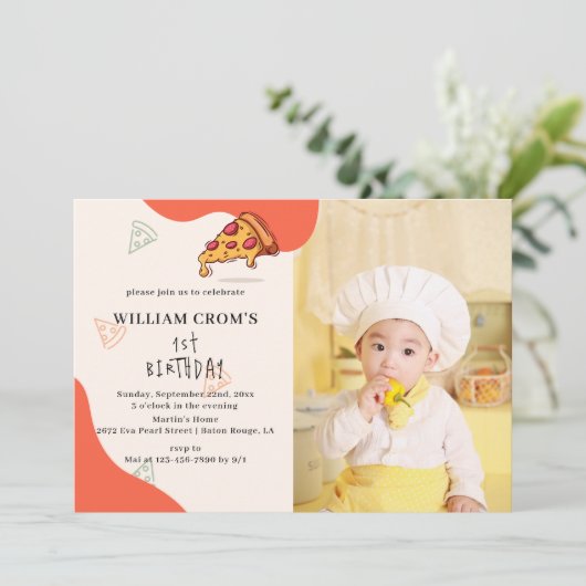 スライスベビースライスピザ時間フォト第1誕生日 招待状 (スタンド正面)