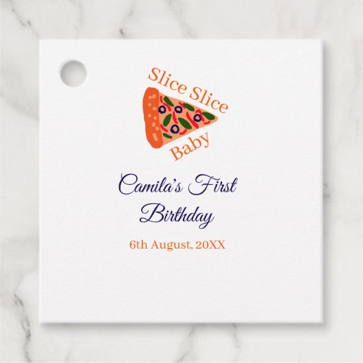 スライスベビーピザブラウンブルー1歳の誕生日 フェイバータグ (正面)