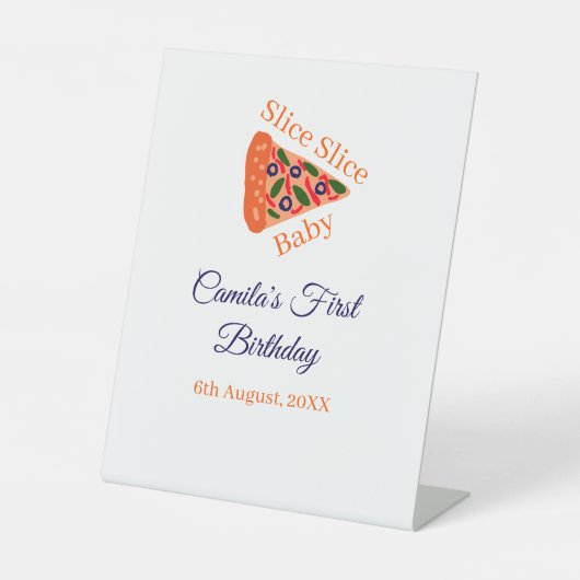 スライスベビーピザブラウンブルー1歳の誕生日 台座サイン (正面)