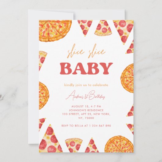 スライスベビー男女兼用ピザ1st誕生日 招待状 (正面)