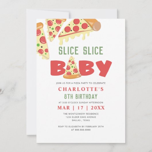 スライスモダンスライスベビーピザ子供の誕生日パーティー 招待状 (正面)