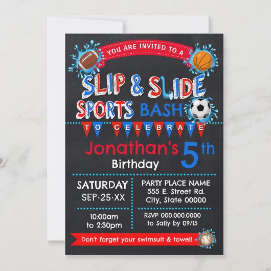 スライスリップまたは滑ることドスポーツ誕生日Bash赤白青 招待状 (正面)
