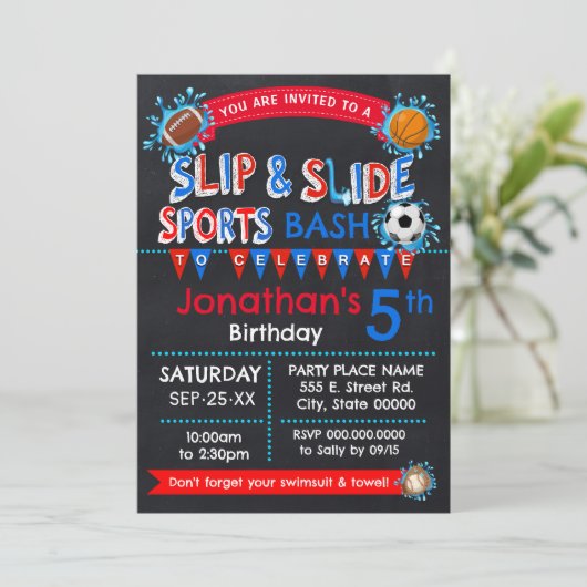 スライスリップまたは滑ることドスポーツ誕生日Bash赤白青 招待状 (スタンド正面)