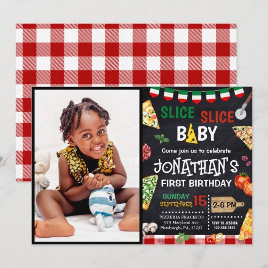 スライス スライス ベイビー ピザパーティー 1歳の誕生日 招待状 (正面/裏面)
